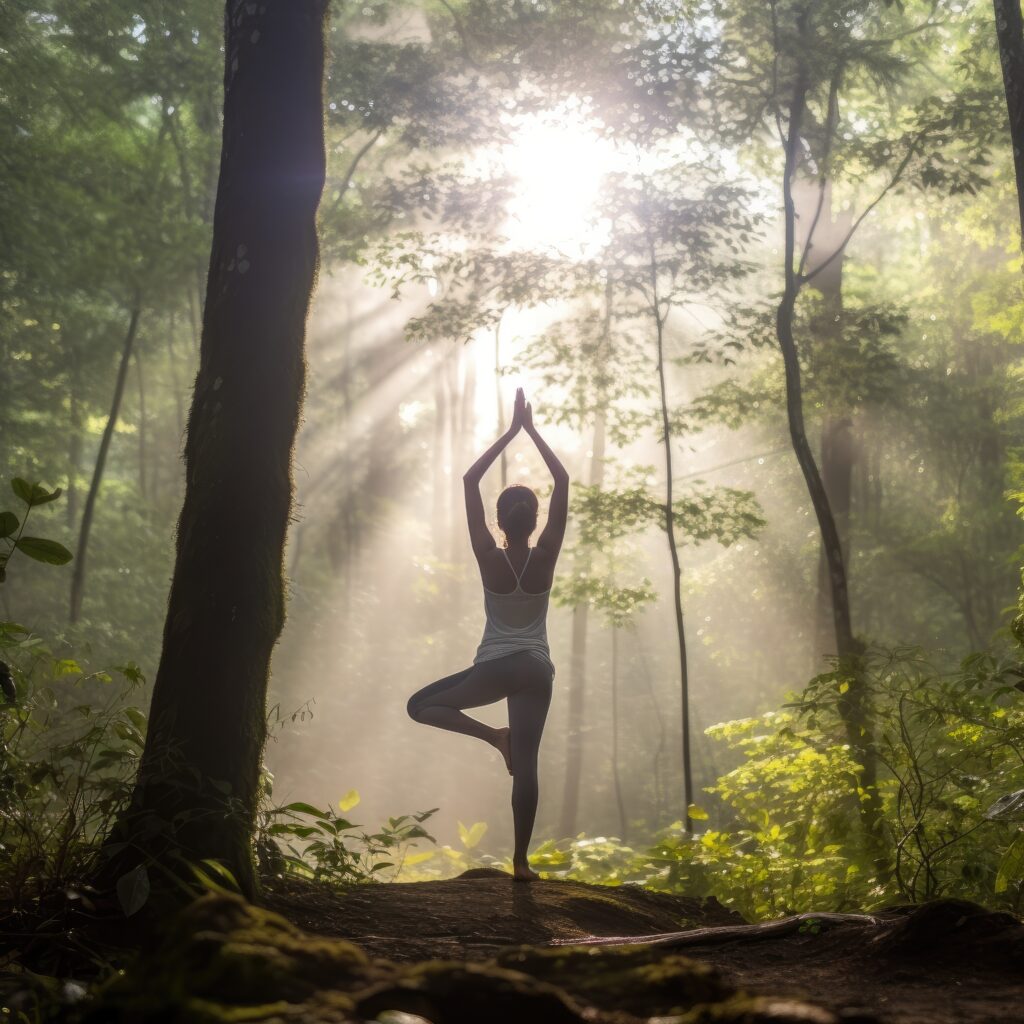 A person practicing yoga in a tranquil forest connecting with nature and finding inner balance